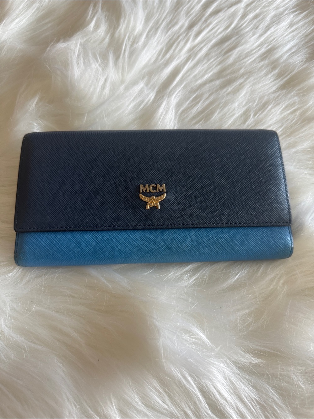 MCM Navy and Teal Two-Tone Leather Continental Wallet